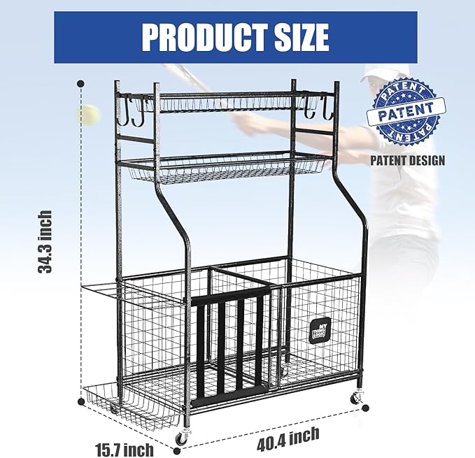 Mythinglogic Garage Sports Equipment Organizer, Baseball Storage Large Capacity, Sports Organizer for Garage with Hooks and Baskets, Ball Storage Rack for Football, Soccer Ball, Bat, Toys