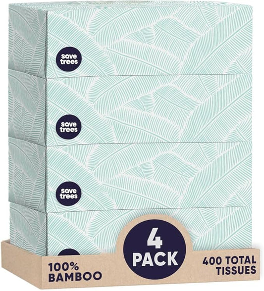 Bamboo Facial Tissues - 4 Boxes of Eco-Friendly, 3-Ply Hypoallergenic Tissues, 90 Sheets per Box, FSC Certified, Plastic-Free Packaging, Soft & Gentle for Home Use