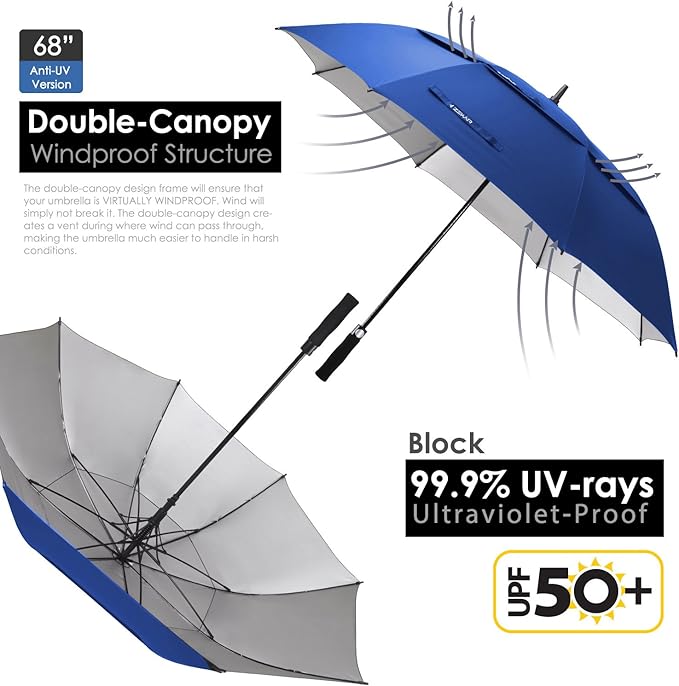 ZEKAR 54/62/68 inch Windproof Large Vented UV Protection and Classic Pongee Fabric Golf Umbrella, Double Canopy Rain Sun Oversized Stick Umbrellas Women Men