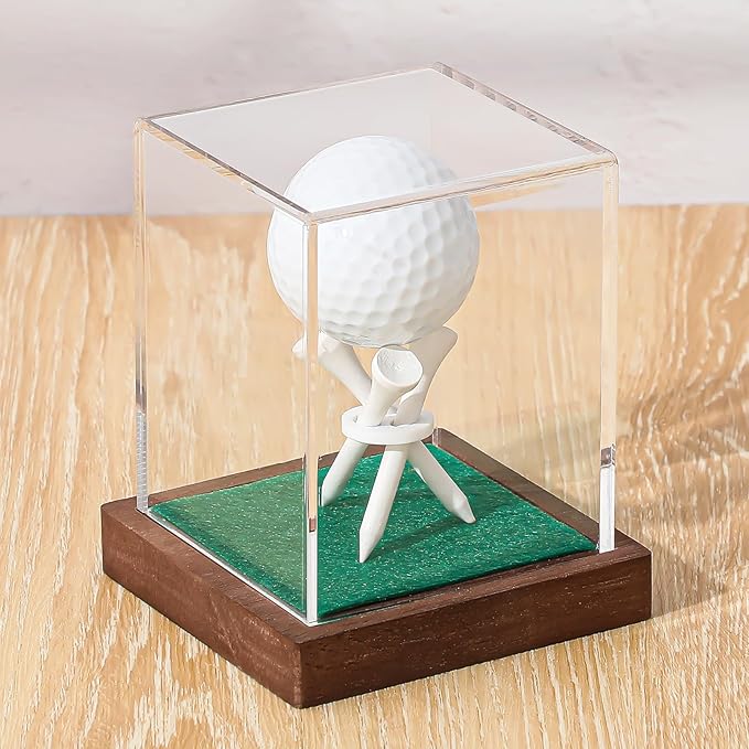 Wenqik Golf Ball Display Case with Wood Base and Tee Acrylic Golf Ball Holder Stand Dust Protection Display Cube Box for Baseball Memorabilia Display Case Gift