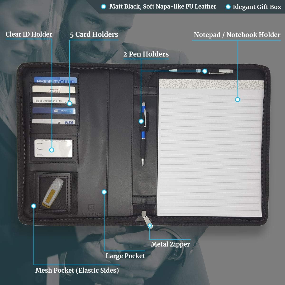 Matt Black Zippered Portfolio Binder - Lean PU Leather Business Executive Portfolio Organizer Folder - Padfolio for Men & Women with US Letter Notepad & Gift Box by Lautus Designs