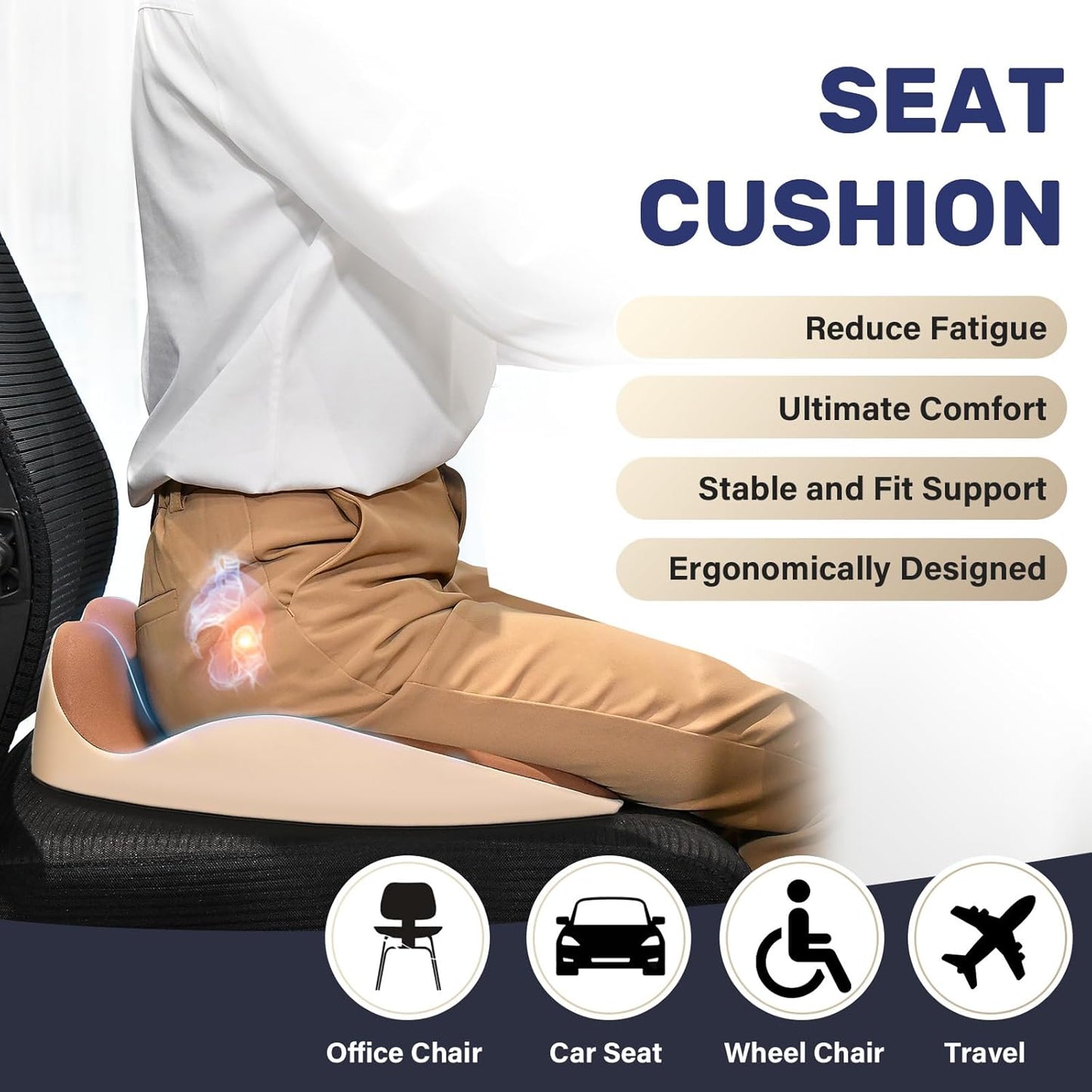 Coverado Car Seat Cushion, Memory Foam Office Chair Cushion for Car, Everlasting Comfort Sciatica & Hip & Tailbone Pain Relief Cushion for Long Sitting Driver Office Worker-Beige