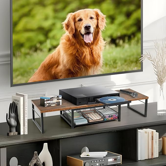 Dual Monitor Stand Riser, Desk Organizer with Drawer, Desk Organizers and Accessories, Workspace Organization Computer Monitor Stand for Laptop, Printer, TV, Office Supplies, Rustic Brown