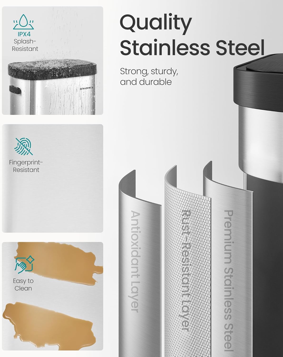 SONGMICS Motion Sensor Trash Can, 13-Gallon (50 L) Automatic Garbage Can with Soft Close Lid, Stainless Steel, Wave or Touch to Open, Includes 15 Bags, Metallic Silver and Ink Black ULTB640E01