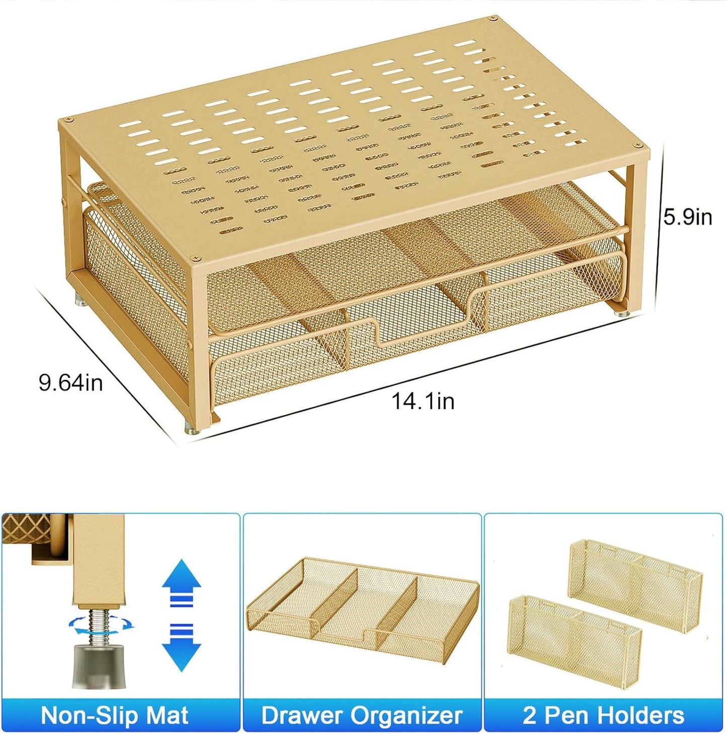 gianotter Desk Organizers and Accessories, Monitor Stand with Drawer and 2 Pen Holder, Desktop Organizer Suitable for Offices and Dormitories (Gold)