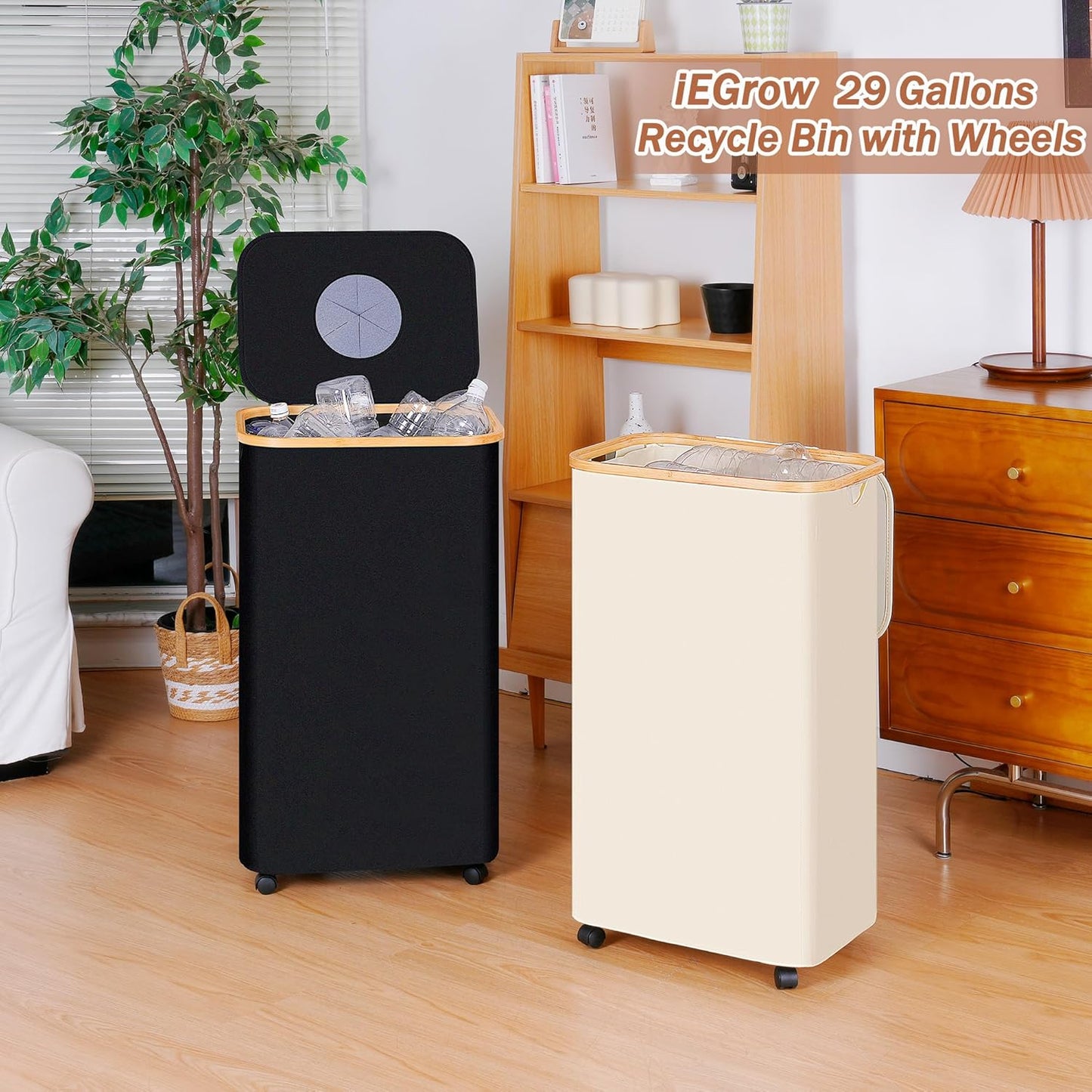 Recycling Bin for Kitchen, Indoor Home Recycle Bins with Wheel, 29 Gallons Large Recycling bin with 2 Removeable Reusable Inner Bags, for Bottles Cans Glass Plastice Cartons(Black)