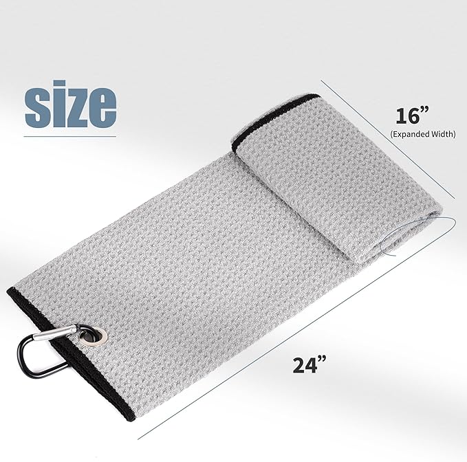 Mile High Life 2 Pack Gray Microfiber Tri-Fold Golf Towels with Carabiner Clip, 16x21in, Water Absorbent, Easy to Wash and Carry