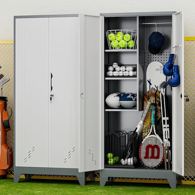 Golf Bag Storage Cabinet for Garage, Metal Golf Bag Organizer with Lockable Doors, 61" Sports Equipment Organizer for Garage, Home, Office, Gym