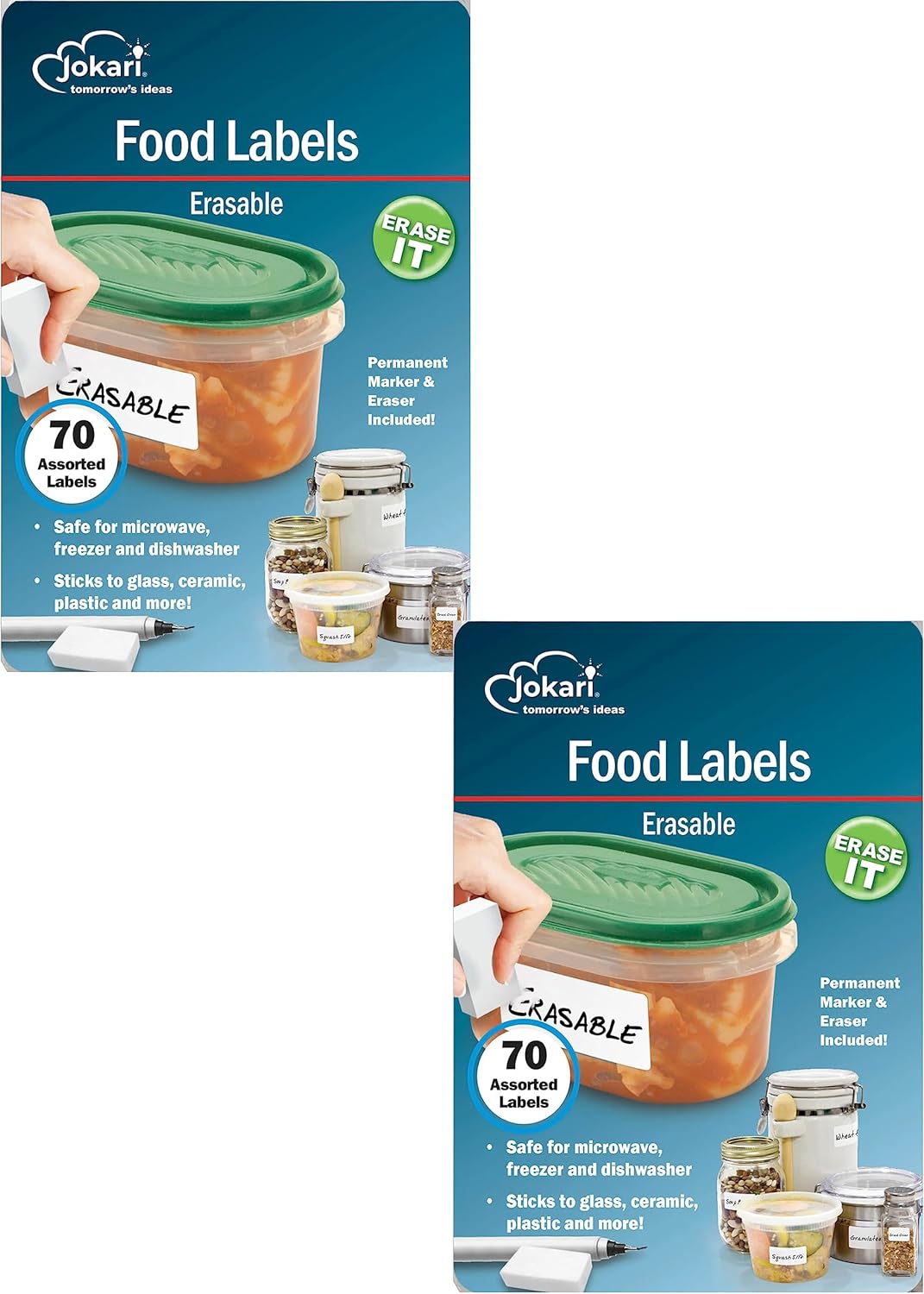 Jokari Erasable Food Storage Labels 2 Pack – 140 Reusable Stickers with Marker and Eraser – Dishwasher Freezer Microwave Safe Adhesive for Plastic, Glass, and Food Containers