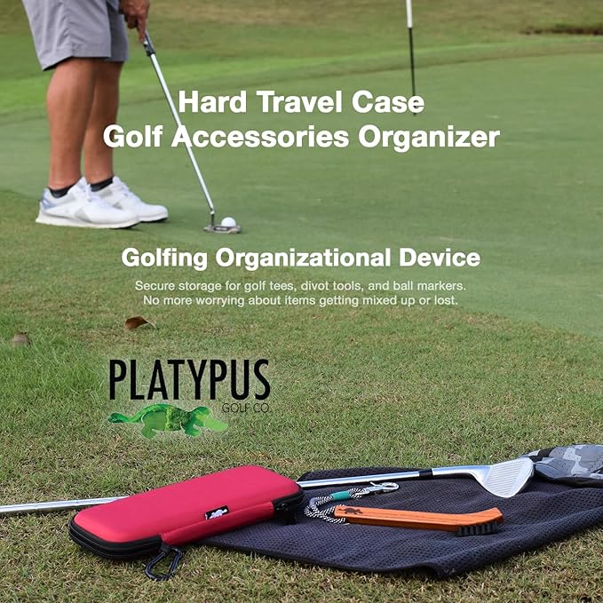 Platypus Golf Co. Golfing Caddie Hard Travel Case Golf Accessories Organizer - Mesh Pocket & Storage Slots for Phone, Tees, Divot Tools & Ball Markers - Golfers Cases for Men & Women in Olive Green
