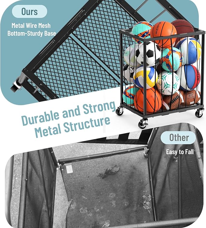 TomCare Garage Ball Rolling Storage Rack Large Capacity Basketball Holder with Elastic Rope [Hold 12-15 Balls][Easy to Take] Garage Sports Equipment Organizer cart with Wheels for Home, Outdoor Use