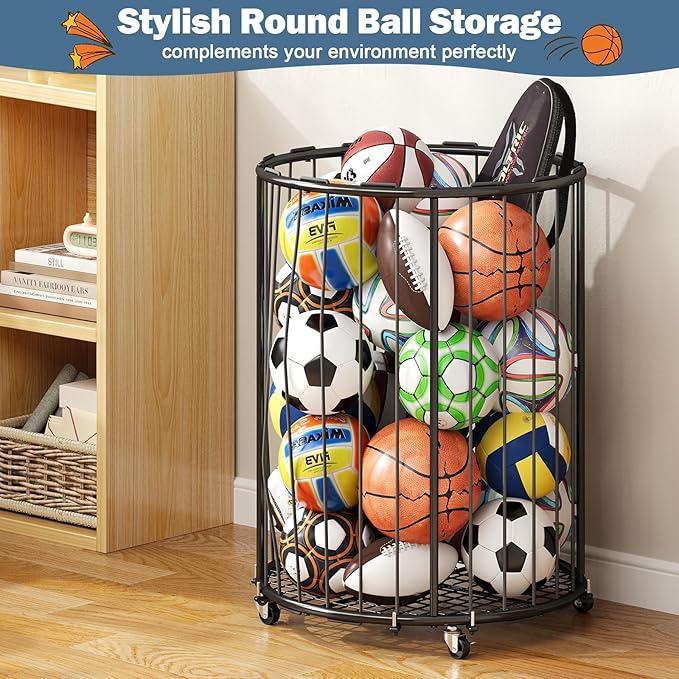 Garage Ball Storage: Round Sports Equipment Organizer with Wheels, Sports Ball Rack With Elastic Rope, Ball Holder for Basketball, Soccer, Volleyball, Football, Garage, Gym, Outdoor (Black)