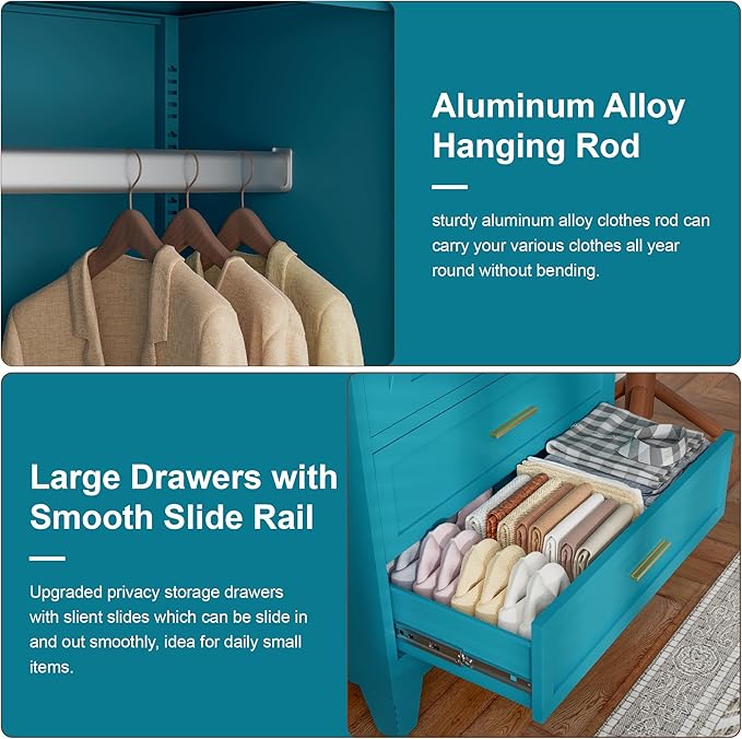 71" Tall Metal Wardrobe Cabinet with 2 Drawers and Hanging Rod, 2 Doors Armoire Wardrobe Closet with Shelf for Bedroom, Office, Laundry Room, Blue