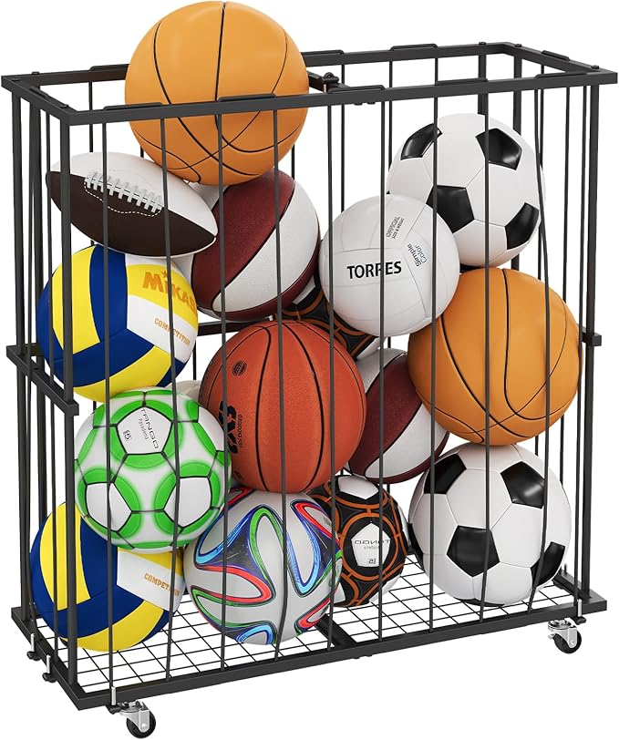 Large Garage Ball Storage, Rolling Floor Sports Equipment Organizer: Freestanding Ball Rack with Elastic Rope–, Ball Holder for Basketball, Soccer, Football, Volleyball, Garage, Gym, Black