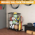 Garage Ball Storage With Baseball & Badminton Holder: Floor Sports Equipment Organizer, Sports Ball Rack With Elastic Rope, Ball Holder for Basketball, Soccer, Volleyball, Football, Garage, Gym, Black