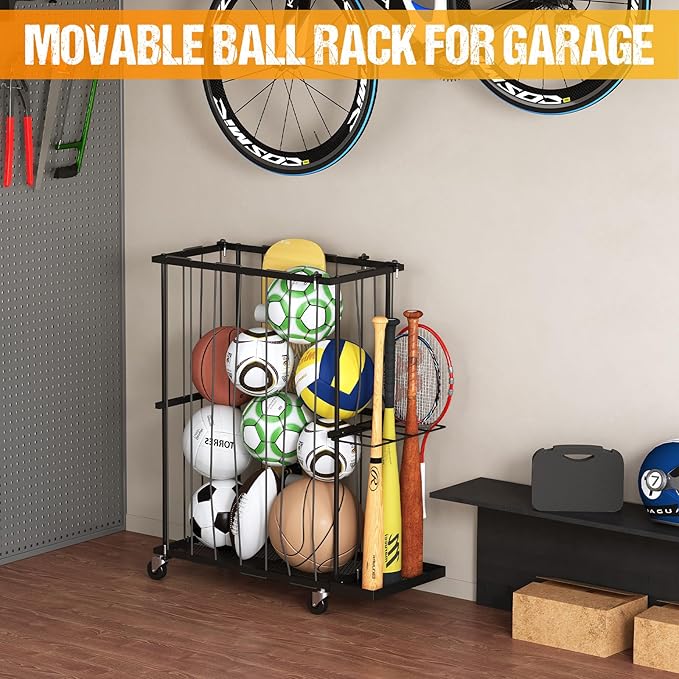 Garage Ball Storage With Baseball & Badminton Holder: Floor Sports Equipment Organizer, Sports Ball Rack With Elastic Rope, Ball Holder for Basketball, Soccer, Volleyball, Football, Garage, Gym, Black