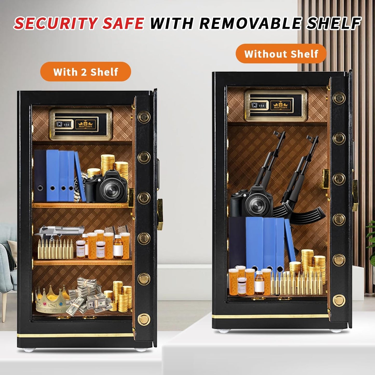 MLJ Large Security Safe - 8.1 Cu. Ft. Waterproof & Fireproof Home Safe with 2 Removable Shelves and Inner Cabinets for Storing Money, Medicines, Jewellery and Other Valuables (Fingerprint Lock)