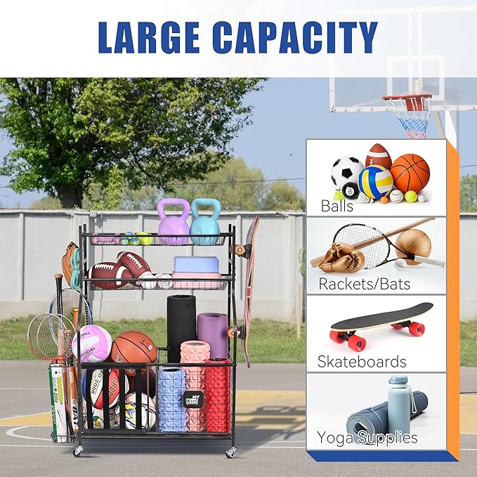 Mythinglogic Garage Sports Equipment Organizer, Baseball Storage Large Capacity, Sports Organizer for Garage with Hooks and Baskets, Ball Storage Rack for Football, Soccer Ball, Bat, Toys