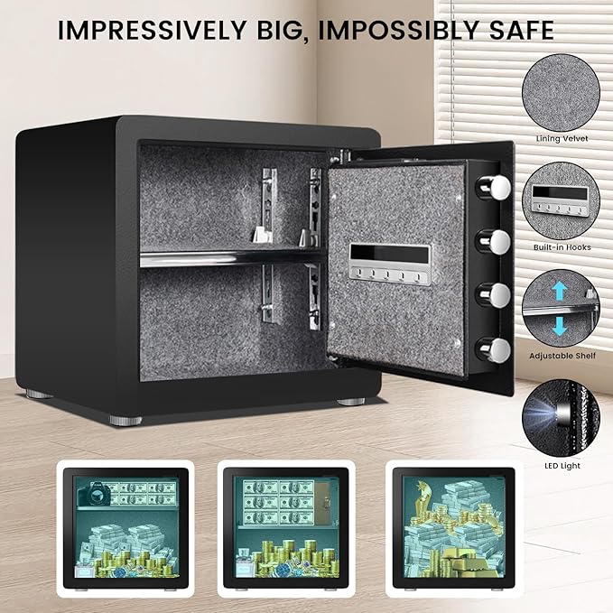 Kavey 1.6 Cub Home Money Safe with Digital Touch Screen Keypad and Sensitive Alarm System, Removable Shelf and LED Light for Money Jewelrys Documents Valuables, Small