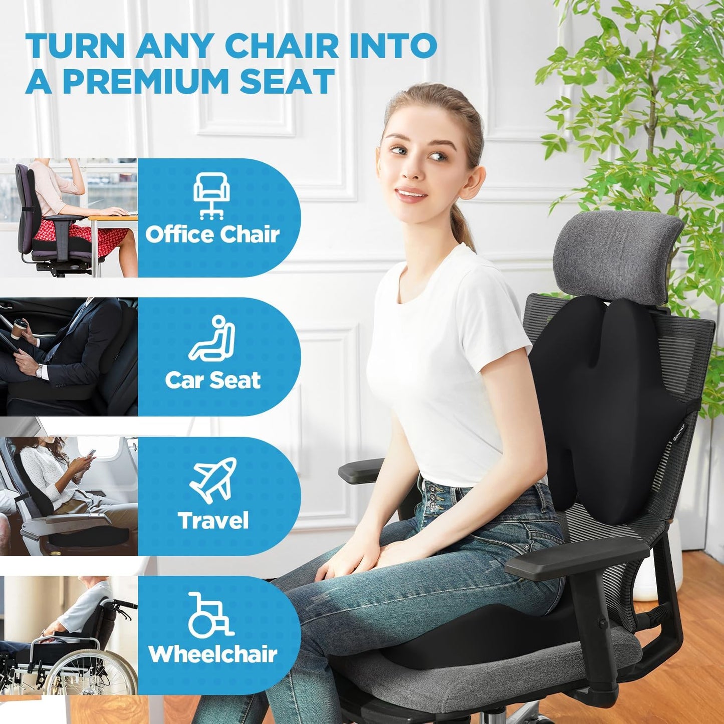 BEAUTRIP Seat Cushion & Lumbar Support Pillow for Office Chair, Car & Wheelchair - Ergonomic Coccyx Cushion for Tailbone, Sciatica & Back Pain Relief - Extra-Dense Charcoal Memory Foam Chair Cushions