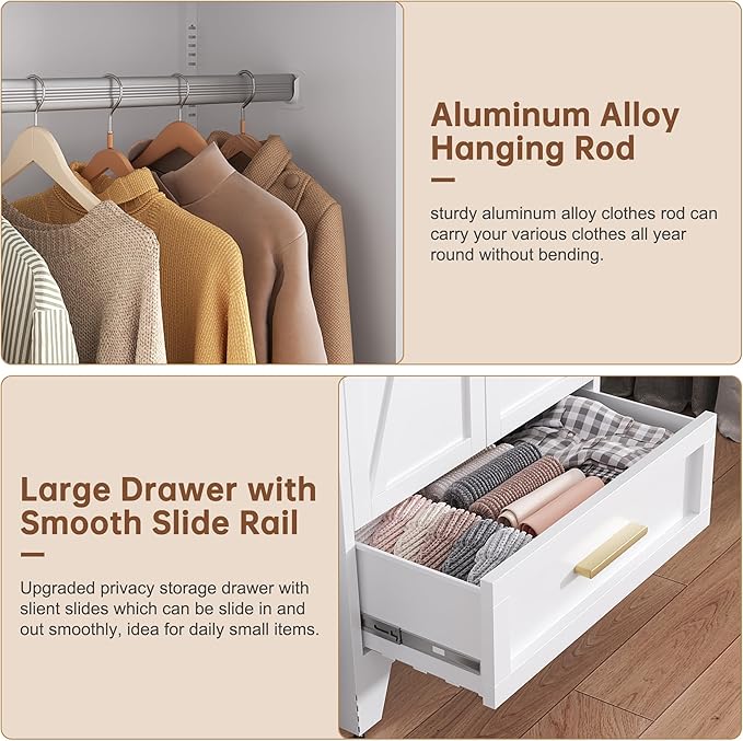 71" Tall Metal Wardrobe Cabinet with Drawer and Hanging Rod, 2 Doors Armoire Wardrobe Closet with Shelf for Bedroom, Office, Laundry Room, White