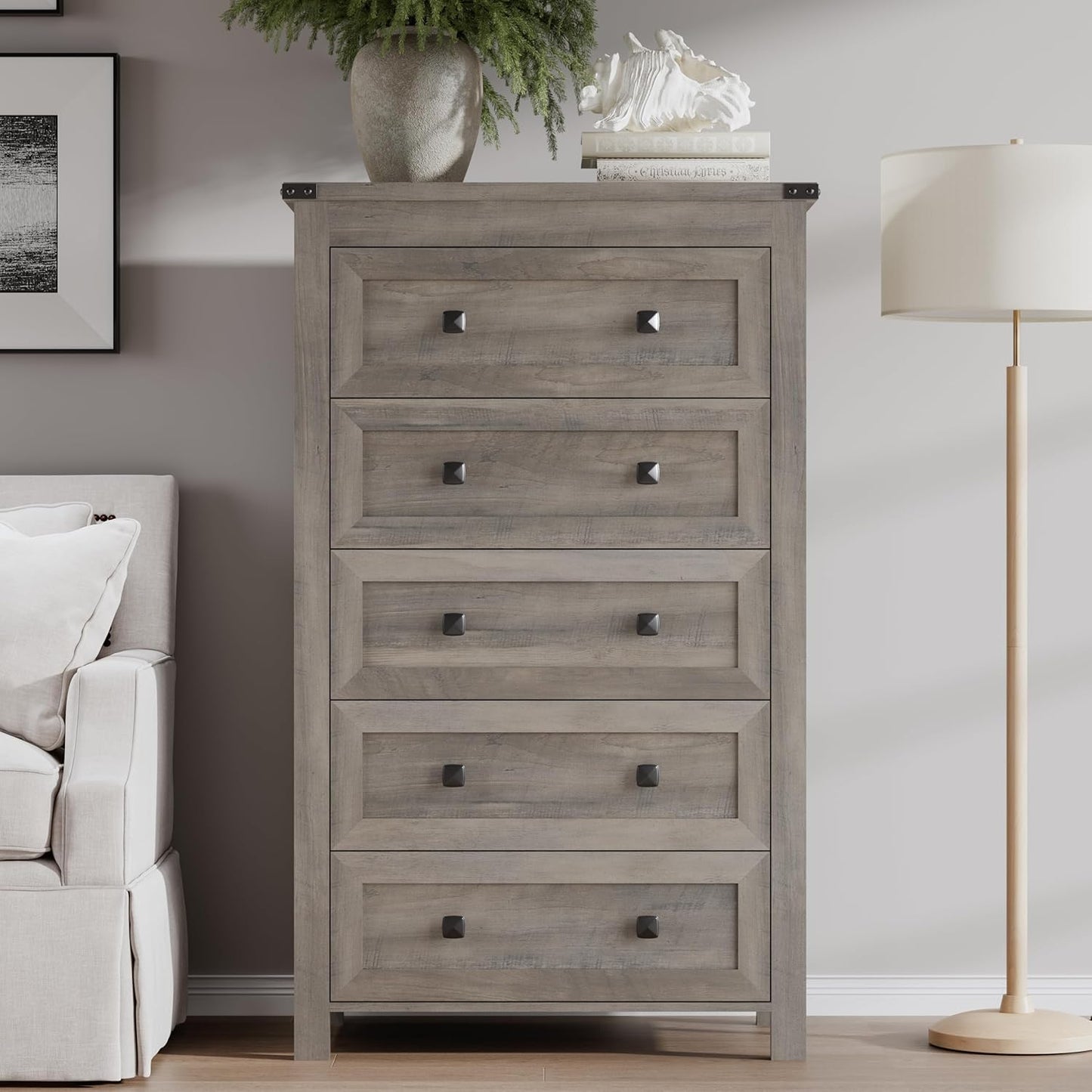 Tall 5-Drawer Dresser, Modern Wooden Storage Chest of Drawers, Dresser TV Stand, Wood Drawer Organizer with Metal Handles for Bedroom, Living Room, Hallway