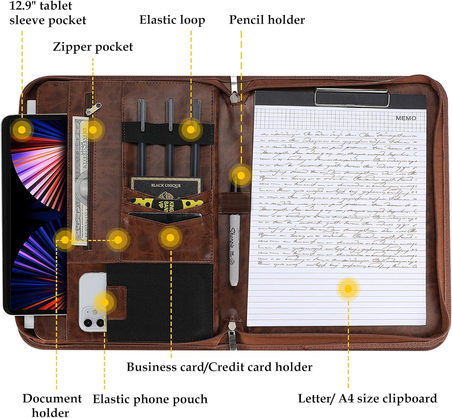 ProCase Portfolio Business Padfolio Folder with Zipper, Conference Meeting Executive File Legal Document Organizer with Pockets Letter Size A4 Writing Pad Notepad Padfolio -Brown