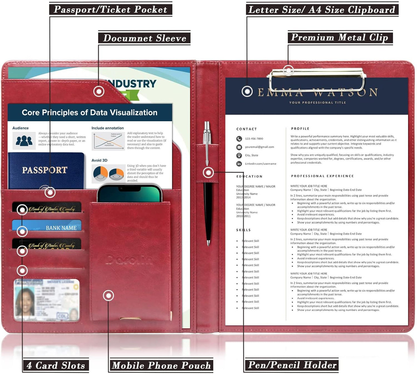 Darolin Business/Resume Padfolio Portfolio Folder with Letter/A4 Size Clipboard, Interview/Conference/Legal Document Organizer, Premium Portfolio Professional Case, Padfolio for Women/Men-Redwine