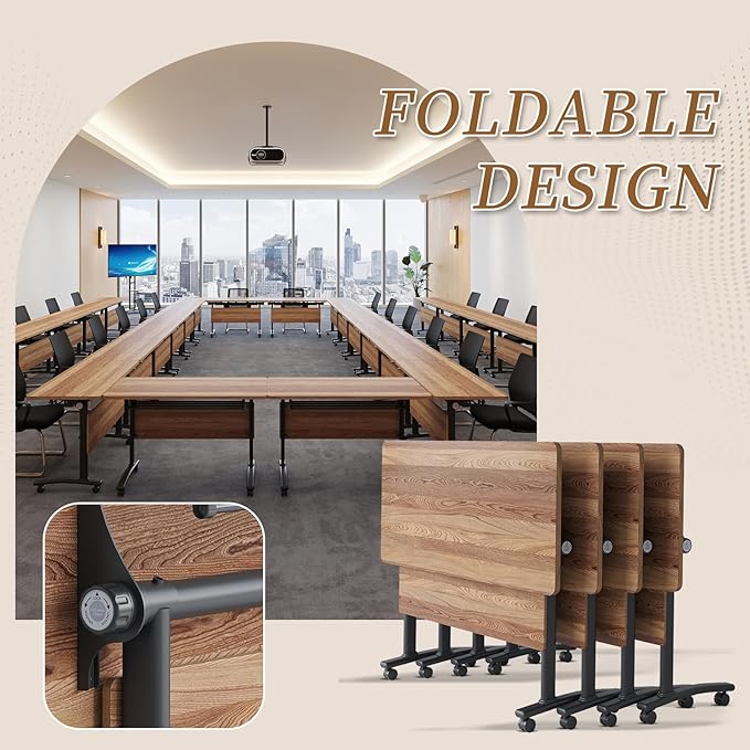 Folding Conference Room Table, Modern Conference Tables with Silent Wheels, Large Rectangular Mobile Training Tables for Office Classroom, Foldable Modular Boardroom Seminar Table (6pack L55.1in)