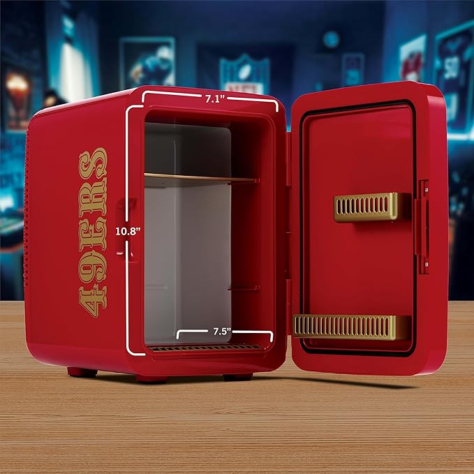 Ukonic NFL San Francisco 49ers 15-Can Mini Fridge 10L – AC/DC Powered, Official Team Colors & Logo, Portable Cooler for Tailgates, Home, Office, or Car