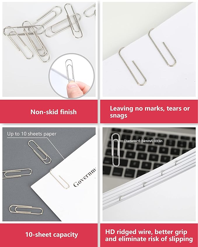 PAPERPAL #1 Nonskid Paper Clips, 600 Medium Paper Clips (6 Boxes of 100 Each), Paperclips for Office School & Personal Use, Daily DIY, 1-2/7" Silver Heavy Duty Non-Skid Paper Clip Standard Size