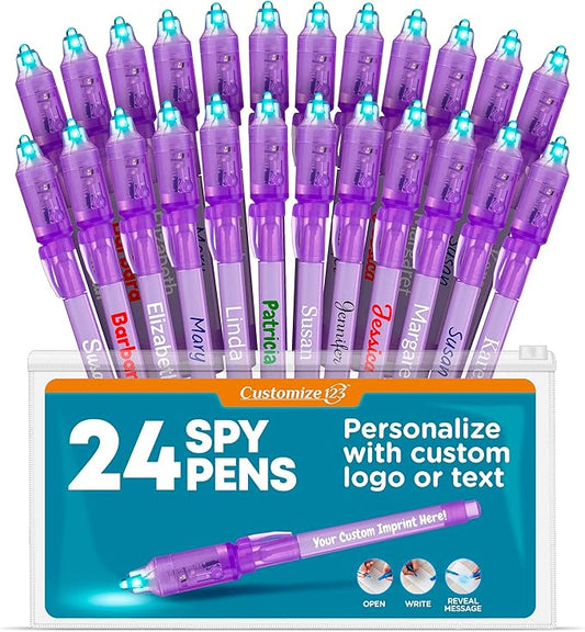 Personalized Invisible Disappearing Ink Pen Marker, Custom Secret Spy Message Writer with UV Light, Fun Activity for Kids Party Favors Gifts and Stock Stuffers, 24 Pack, Purple