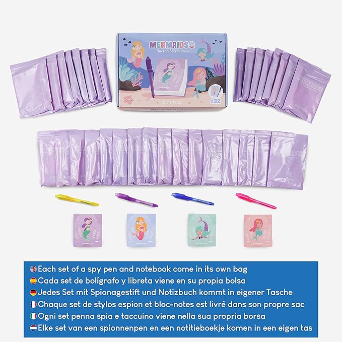 BONNYCO Invisible Ink Pen and Notebook Pack of 32 Mermaid Party Favors for Kids | Spy Pen Mermaid Party Supplies, Prizes for Kids | Magic Pen Mermaid Birthday Party Favors, Prizes for Students