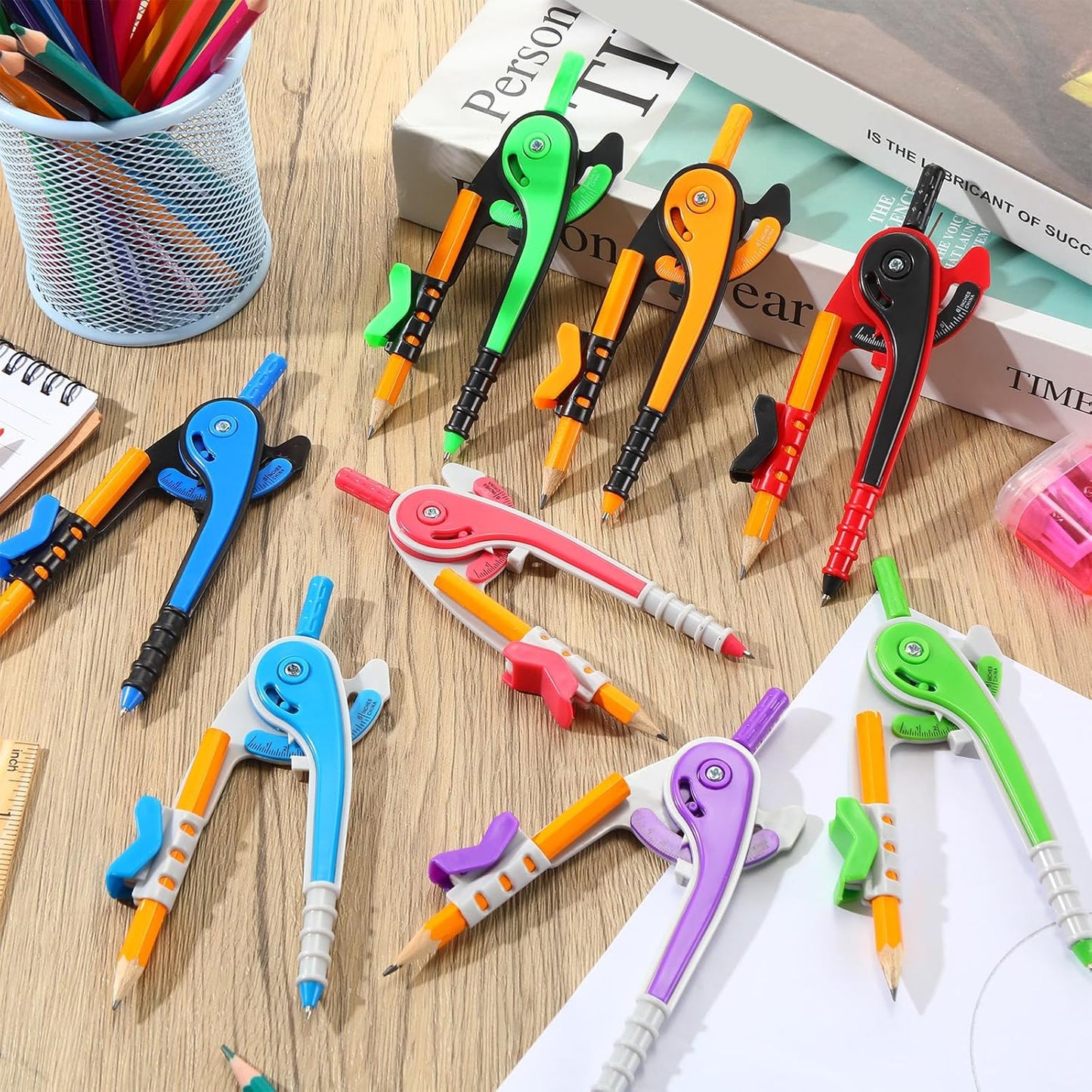 Zonon Student Math Geometry Compass Bulk 6 Inch Plastic Drawing Compass with Pencils Bright Color Precision Tool Back to School Supplies(48 Pcs)