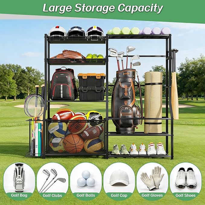 Large Sports Organizer for Garage, Ball Storage Rack Garage Sports Equipment Organizer with Side Racks, Baskets, Hooks, Multi-Purpose Golf Gear Storage for Gym Indoor Outdoor