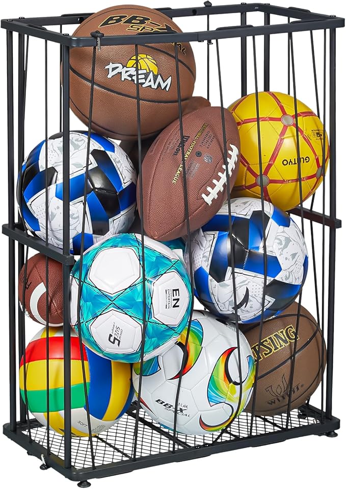 Garage Ball Storage Wall-Mounted & Floor Sports Equipment Organizer: Sports Ball Rack with Elastic Rope, Holder for Basketball, Soccer, Volleyball, Football, Garage, Gym, Black(Patent Pending)