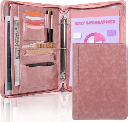 Calfinder Portfolio Binder,3 Ring Binder with Zipper,PU Leather Padfolio with Zipper for Women, Professional Business Portfolio Organizer for Resume/Interview, A4 Letter Document Organizer