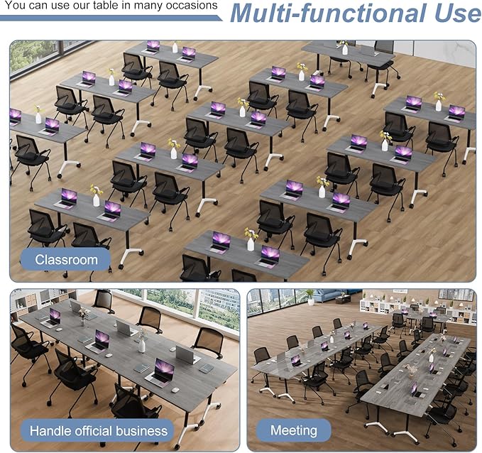 Folding Conference Table, Mobile Training Table for Office Conference, Modern Modular Rectangular Work Desk Meeting Seminar Work Tables with Caster Wheels, Large Breakroom Tables (8Pack L70.9in)