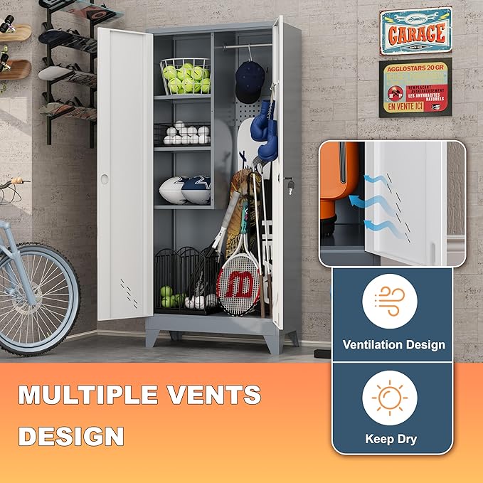 Golf Bag Storage Cabinet for Garage, Metal Golf Bag Organizer with Lockable Doors, 61" Sports Equipment Organizer for Garage, Home, Office, Gym