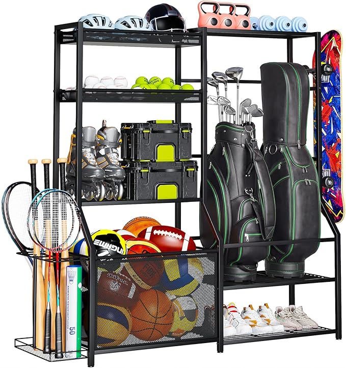 Large Sports Organizer for Garage, Ball Storage Rack Garage Sports Equipment Organizer with Side Racks, Baskets, Hooks, Multi-Purpose Golf Gear Storage for Gym Indoor Outdoor