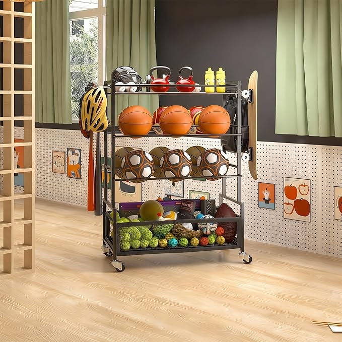 SOYEEZE Sports Equipment Organizer- Ball Storage for Garage,4 Tiers Outdoor Toy Storage,Soccer Racks,Basketball Shooting Training Stand Cart with Wheels and Hooks for Home-School and Gym Use