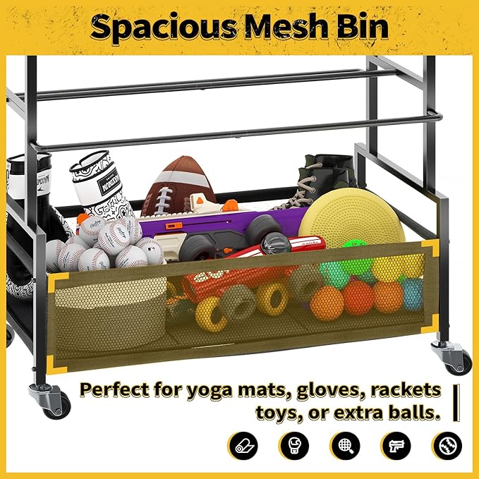 SOYEEZE Garage Sports Equipment Organizer-Large 5 Layer Ball Storage, Basketball Stand Holder, Outdoor toy storage, Baseball Bat Rack, Rolling Ball Cart with Hooks and Wheels for Indoor/Outdoor Use