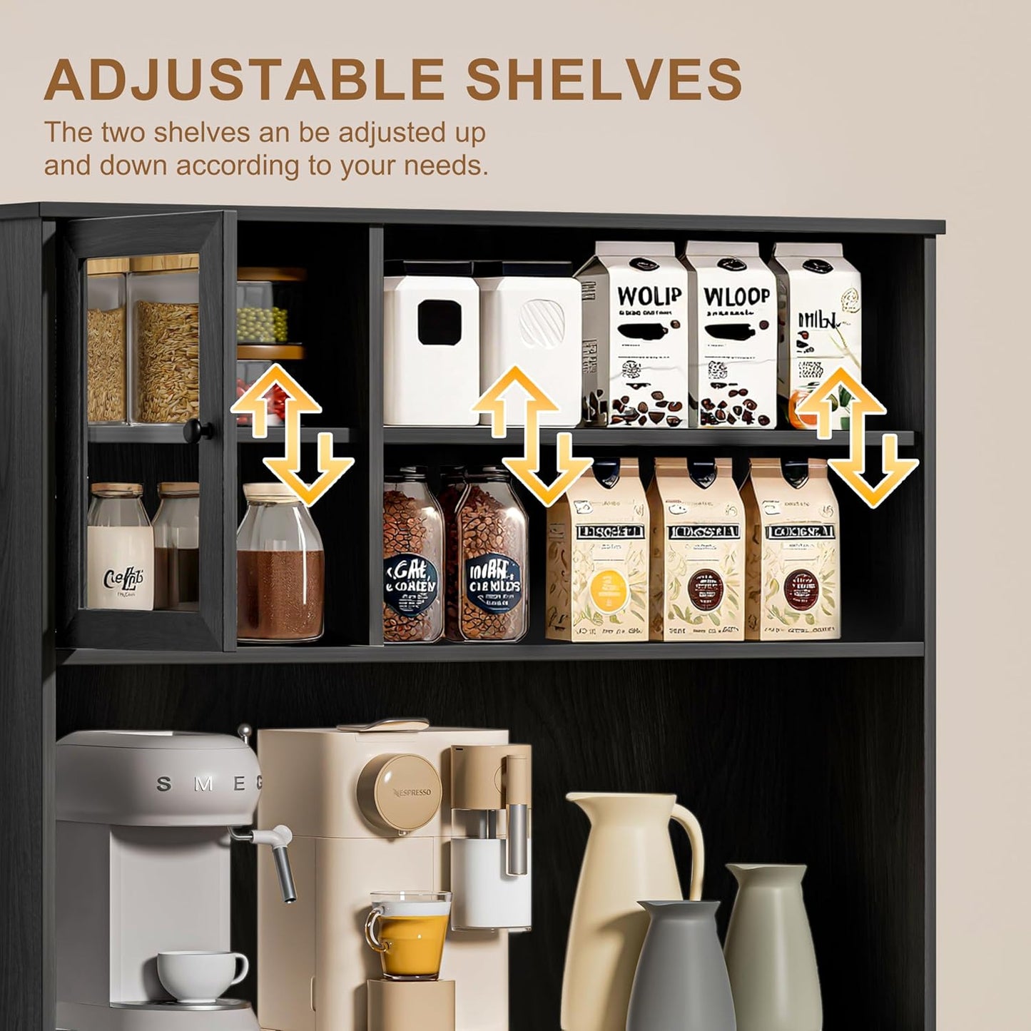 OLD CAPTAIN Tilt Out Trash Cabinet with Deodorising Function, Kitchen Hutch with Microwave Shelf and Drawer, Kitchen Pantry with Trash Cabinet for 10 Gallons, Black