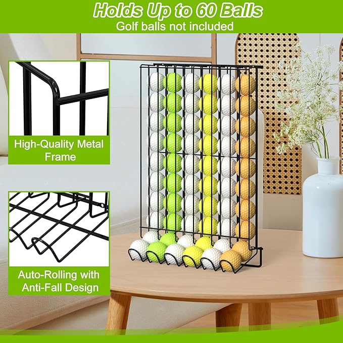 Golf Ball Holder for 60 Balls, Countertop & Wall-Mounted Golf Ball Dispenser, Metal Wire Display Rack for Home, Office, Indoor Simulator, Club, Driving Range, Black