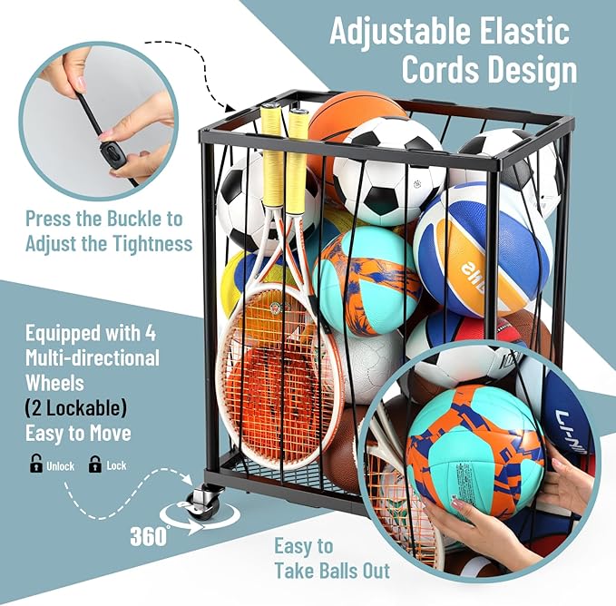 TomCare Garage Ball Rolling Storage Rack Large Capacity Basketball Holder with Elastic Rope [Hold 12-15 Balls][Easy to Take] Garage Sports Equipment Organizer cart with Wheels for Home, Outdoor Use