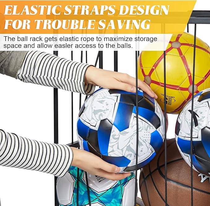 Large Garage Ball Storage, Rolling Floor Sports Equipment Organizer: Freestanding Ball Rack with Elastic Rope–, Ball Holder for Basketball, Soccer, Football, Volleyball, Garage, Gym, Black