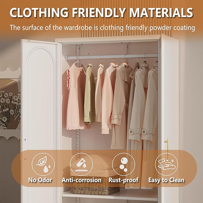 Metal Wardrobe Closet with Drawer, 71" Tall Armoire Wardrobe Closet with Hanging Rod, Freestanding Clothing Storage Cabinet with Doors, Large Wardrobes for Bedroom, White, Assembly Required
