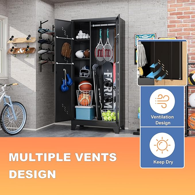 Golf Bag Storage Cabinet Fits 2 Bags, Metal Golf Bag Organizer with Lockable Doors, 75" Sports Equipment Organizer for Garage, Home, Office, Gym