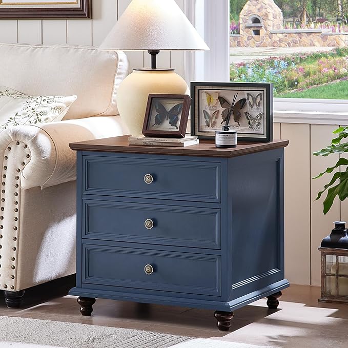 24" Wide Farmhouse Night Stand,Large End Table with 3 Drawers & Metal Handle,Blue Wood Dresser for Bedroom Cabinet, Bed Side Tabl·e Chest of Drawers,Nightstand for Living Room,Close