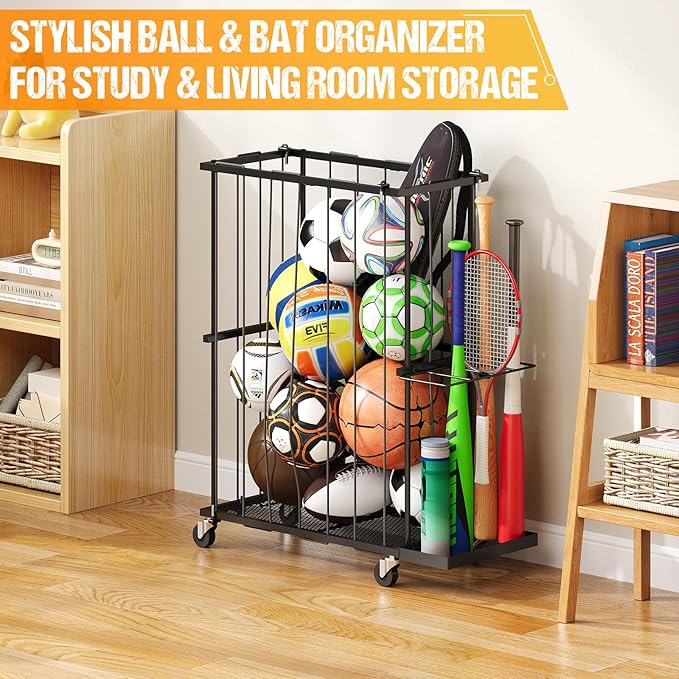 Garage Ball Storage With Baseball & Badminton Holder: Floor Sports Equipment Organizer, Sports Ball Rack With Elastic Rope, Ball Holder for Basketball, Soccer, Volleyball, Football, Garage, Gym, Black